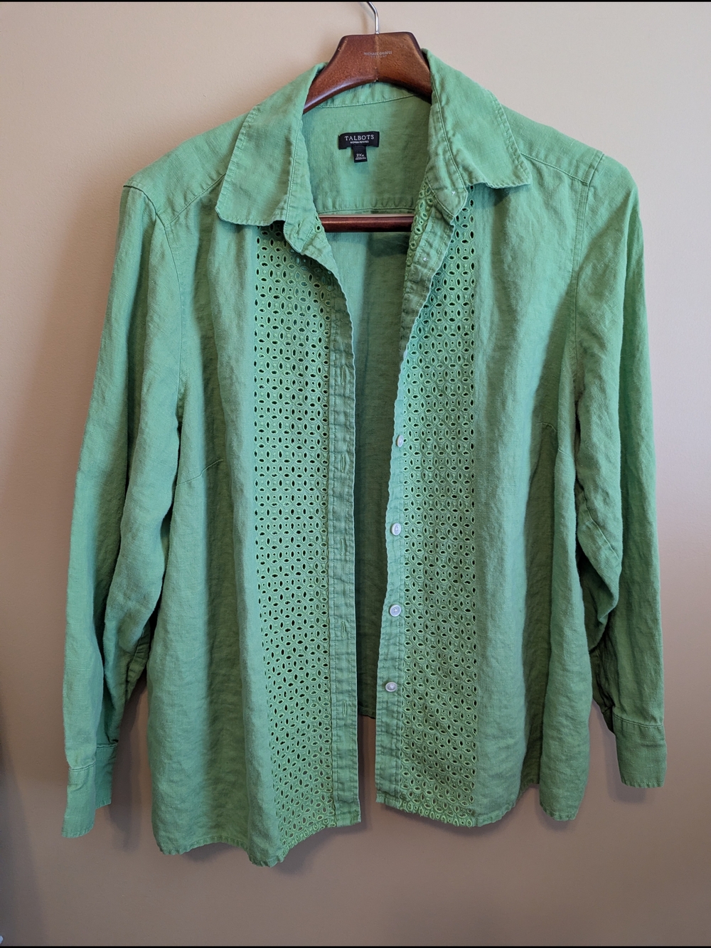 Talbots Light Green Eyelet-Trim Linen Button-Down Shirt